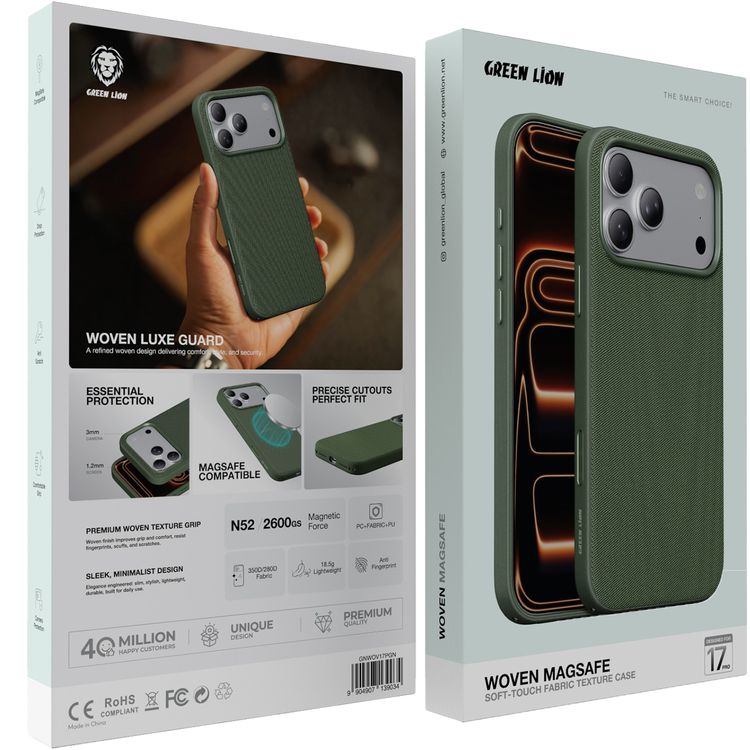 Green Lion WOVEN MagSafe Case for iPhone 17 Pro, Anti-Scratch, Drop Protection, Comfortable Grip, Anti-Fingerprint, Essential Protection, Precise Cutouts, Perfect Fit, 350D/280D Fabric - Green