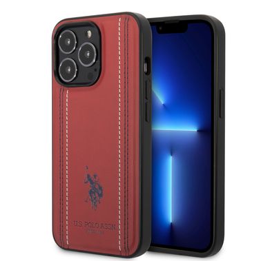 USPA PU Leather Case with Stitched Lines Double Line & Horse Logo iPhone 14 Pro Compatibility - Red