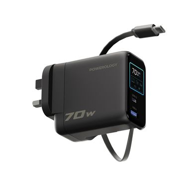 Powerology 70W TFT Adapter with Retractable Type-C Cable, Ultra-Fast Charging, Multi-Device Charging, Built-in Safeguards, AI Temperature Protection, High Performance, Medium Load, Eco-Cool, GaN Technology, 50/60 Hz Rated Frequency, 70cm Cable Length - Black