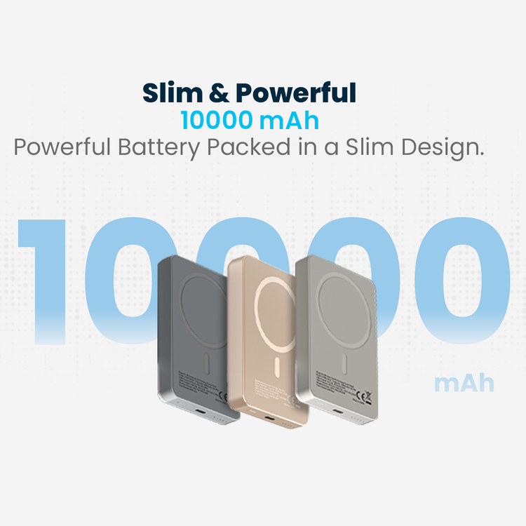 Powerology 10000mAh MagSafe Aluminum Power Bank with Battery Level Indicator, Lightweight & Compact Design, Fast & Simultaneous Charging, Type-C Input & Output, 15W Wireless Output - Titanium
