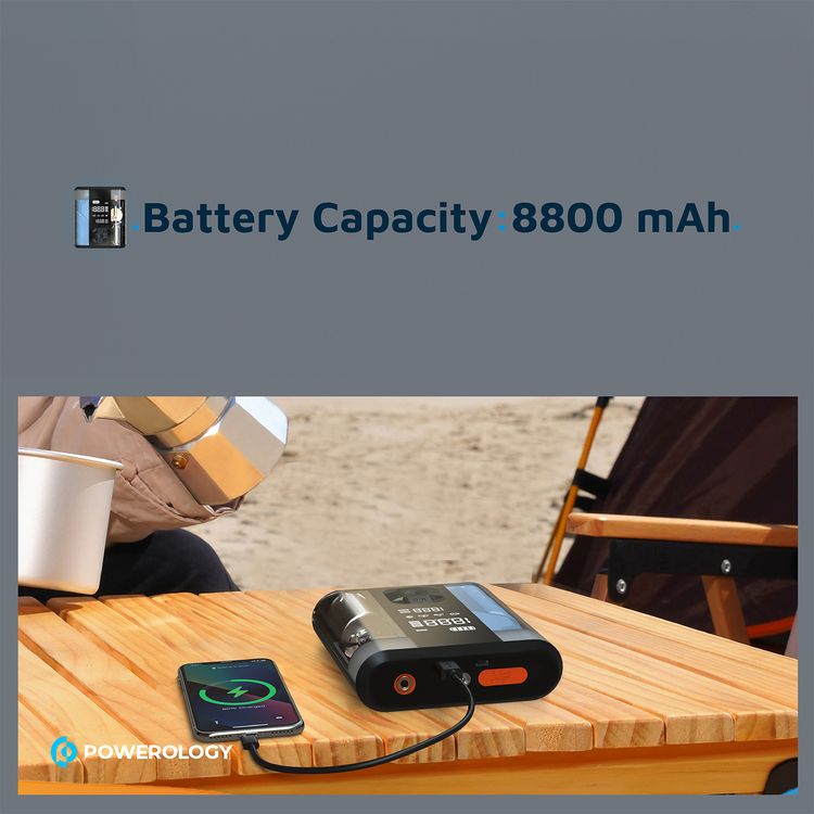 Powerology Multi-Functional Jump Start Air Compressor with Tire Inflator, 8800 mAh Battery Capacity, 2 Hours Charging Time, 800 A Peak Current, 300 A Start Current - Clear