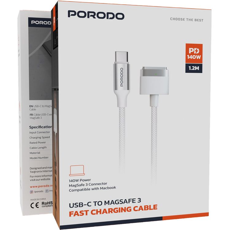 Porodo USB-C to MagSafe 3 Charging Cable with 140W Rated Power Output, 1.2m Cable Length, Nylon Braided Material, Compatible with Macbook, High-Speed Charging, Magnetic T-Tip Connector - White
