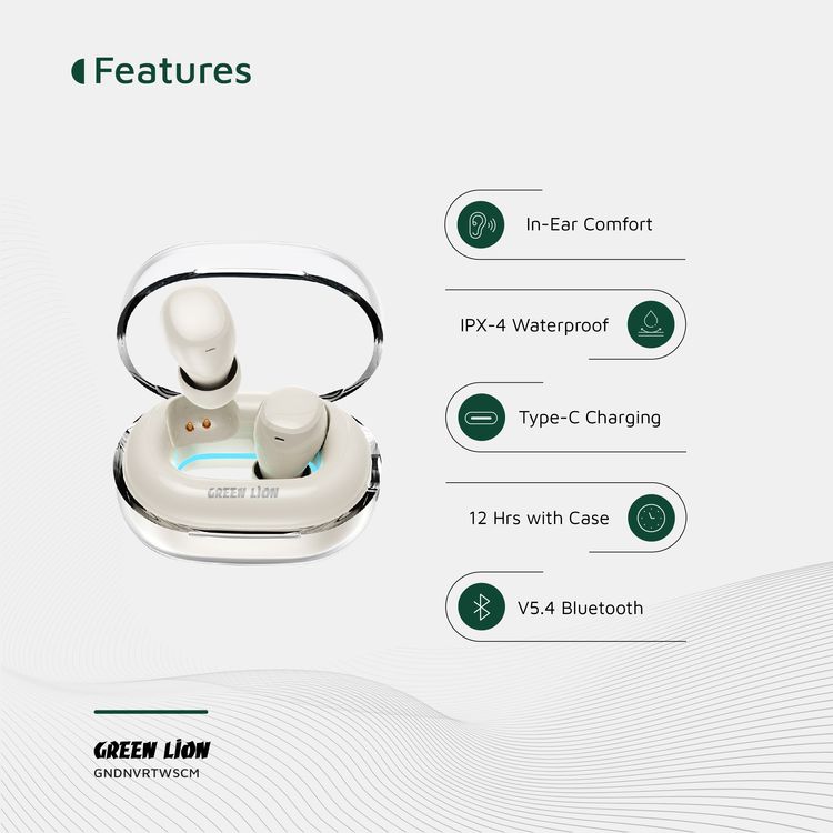 Green Lion Denver True Wireless Earbuds with IPX4 Waterproof, Voice Assistant, In-ear Comfort, Dual-Mic, Touch Control, 3 Hours Playtime - Cream