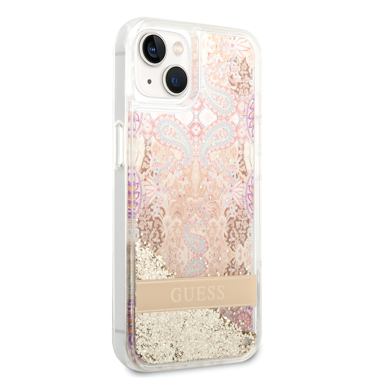 Guess Liquid Glitter Case with Flower Pattern Extra Shine Smooth Touch Feel iPhone 14 Compatibility - Gold
