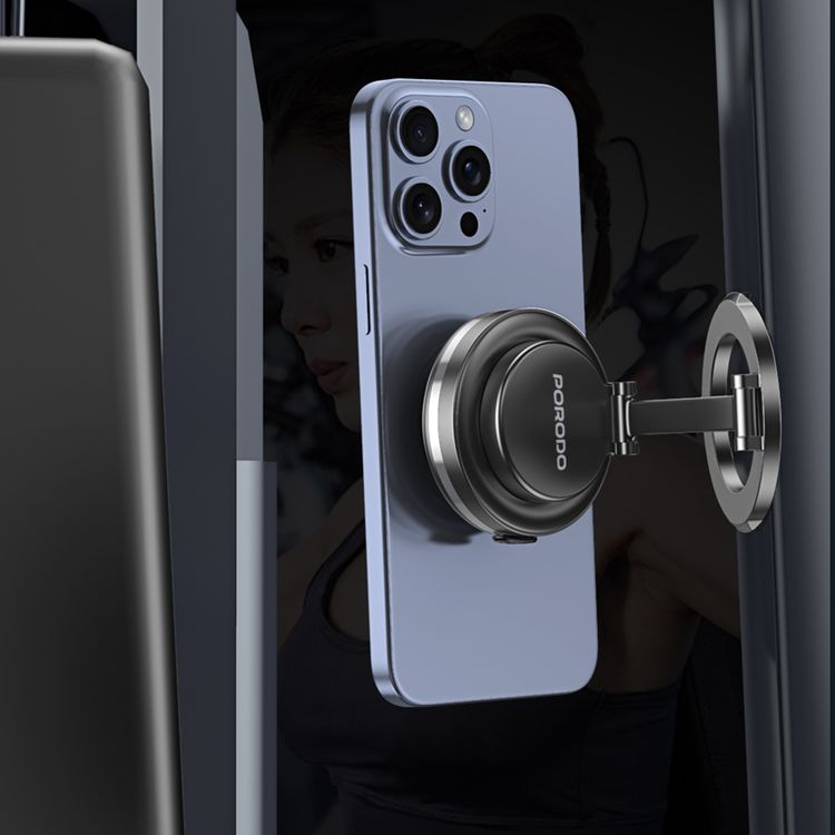 Porodo Vacuum Lock MagSafe Phone Holder with One-Touch Electric Suction, 100mAh Battery, N52 Magnets, 360° Rotation, Adjustable Viewing Angle, Foldable State, Multi-Surface Mount, ABS, Silicone & Zinc Alloy Material - Black