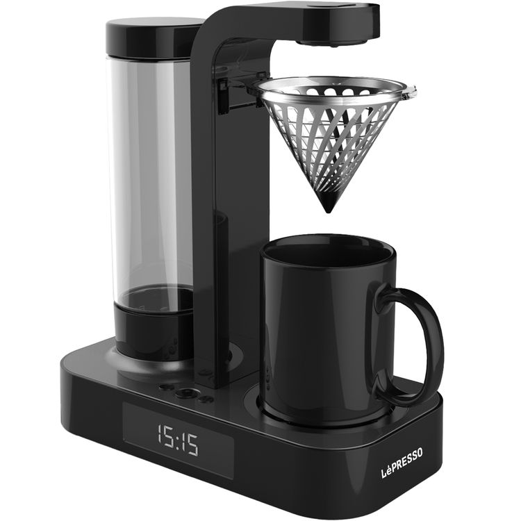 LePresso Coffee Machine with 250mL Cup Capacity, 500mL Water Tank Capacity, Stainless Steel Funnel, Overheat Protection, LED Clock, Auto-Off, 600W Power, Detachable Water Tank - Black 