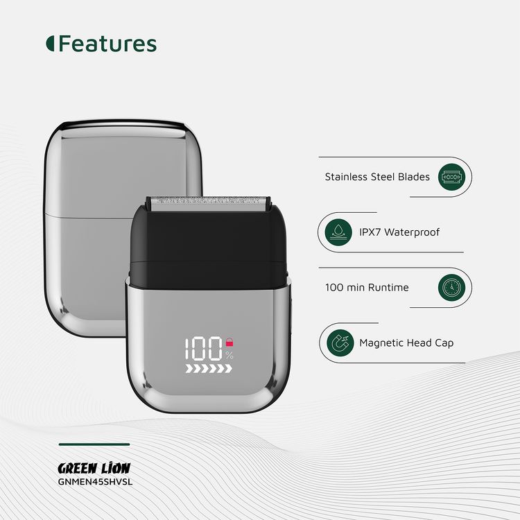 Green Lion Men's Shaver X with Wet & Dry Use, Magnetic Head Cap, Stainless Steel Blade, Travel Lock, 7500RPM Motor, 900mAh Battery Capacity, Type-C Charging - Silver