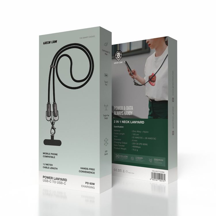 Green Lion Power Lanyard USB-C to USB-C Cable with 60W Power Delivery, Hands-Free Convenience, Tangle-Free Design, 480 Mbps Data Transfer Speed, 120cm Cable Length, 6mm Diameter - Black