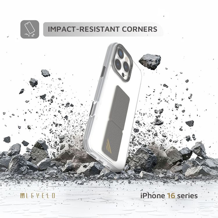 Levelo Morphix Clara Case for iPhone 16 Pro, Hybrid Material, Impact-Resistant Corners, Built-in Leather Grip, Metal Camera Ring - Gray