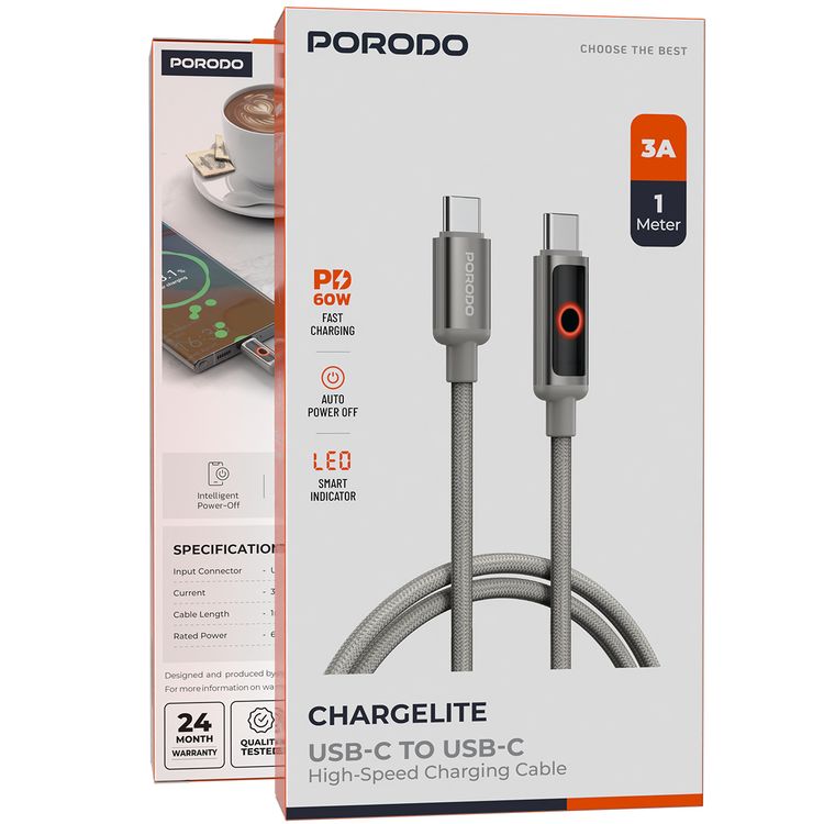 Porodo Charge Lite USB-C to USB-C Cable with High-Speed Charging, PD 60W, Braided & Aluminum Alloy Material, 1m Cable Length, 480Mbps Transfer Speed, Protect Battery - Gray