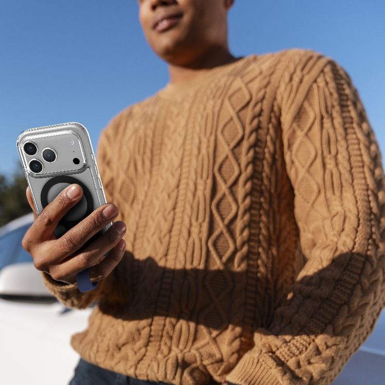 Levelo Spira MagSafe Clear Grip Case for iPhone 17 Pro, Strong Magnets, Horizontal & Vertical Viewing, Shock-Resistant Bumper, Anti-Scratch, 360° Rotating Metal Kickstand - Midnight Blue