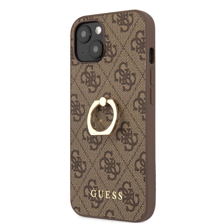 CG MOBILE Guess PU Leather 4G Case with 360° Rotating Ring Grip Holder Stand Compatible for iPhone 13 (6.1") Suitable with Wireless Charging Officially Licensed - Brown
