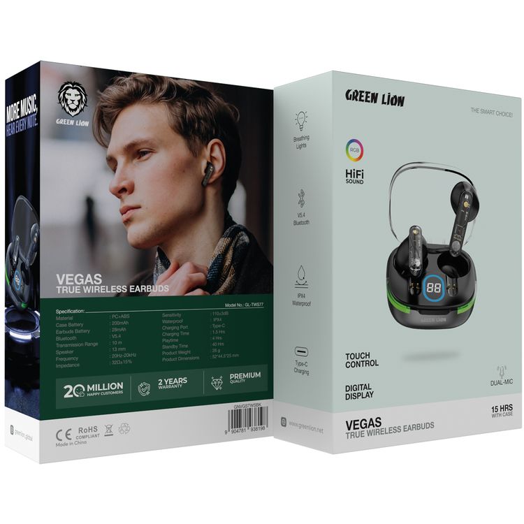Green Lion Vegas True Wireless Earbuds with Breathing Lights, IPX4 Waterproof Level, Digital Display, HiFi Sound, Dual-Mic, Touch Control, 4 Hours Playtime - Black