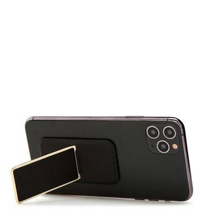 مقبض وحامل مطليان بالكهرباء من الجلد الناعم ، أزواج مع أي هاتف ذكي ، مسند متعدد الوظائف متوافق مع الشحن اللاسلكي - أسود / ذهبي