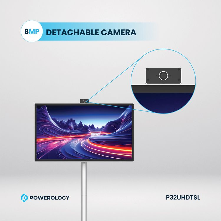 Powerology 32" Google 4K Screen with 4K Camera, 8GB RAM, 128GB Memory, 9800mAh Battery, 16.7M Colors, Android 13, 4 Hours Working Time, Dual 10W Speakers, 2.5 Hours Charging Time - Silver