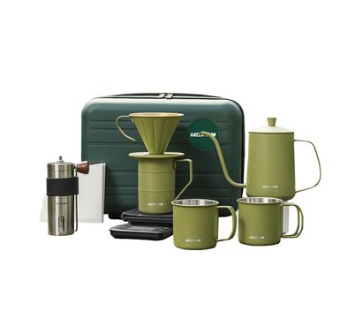 Green Lion V-60 Pro Coffee Maker Set with Gooseneck Kettle, 100 Paper Filters, Precision Scale, Pour-Over Dripper, Adjustable Grinder, 2 Stainless Steel Cups, Travel Case Included - Green