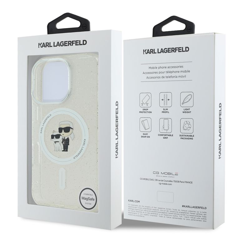 Karl Lagerfeld Magsafe IML Glitter Hard Case for iPhone 16 Pro Max with Karl & Choupette Logo, Slim Profile, Easy Snap-on, Drop Protection, Lightweight, Sustainable Packaging- Clear