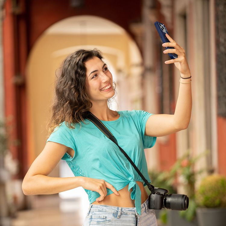 Levelo Vallo PU Leather Case for iPhone 17 Pro with Embroidery Dubai Finish, Comfortable Hold, Durable PU Leather, Raised Bezels for Camera and Screen, True Microfiber Interior Lining, Scratch & Wear Resistant, Shock-Resistant Bumper - Cobalt Blue