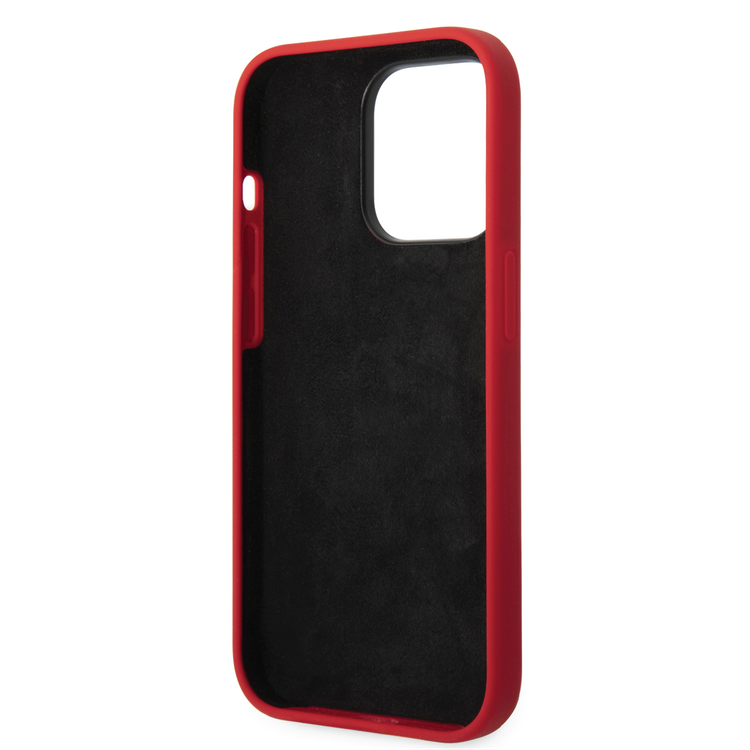 Ferrari Liquid Silicone Case with Black Camera Outline & Metal Logo iPhone 14 Pro Compatibility - Red