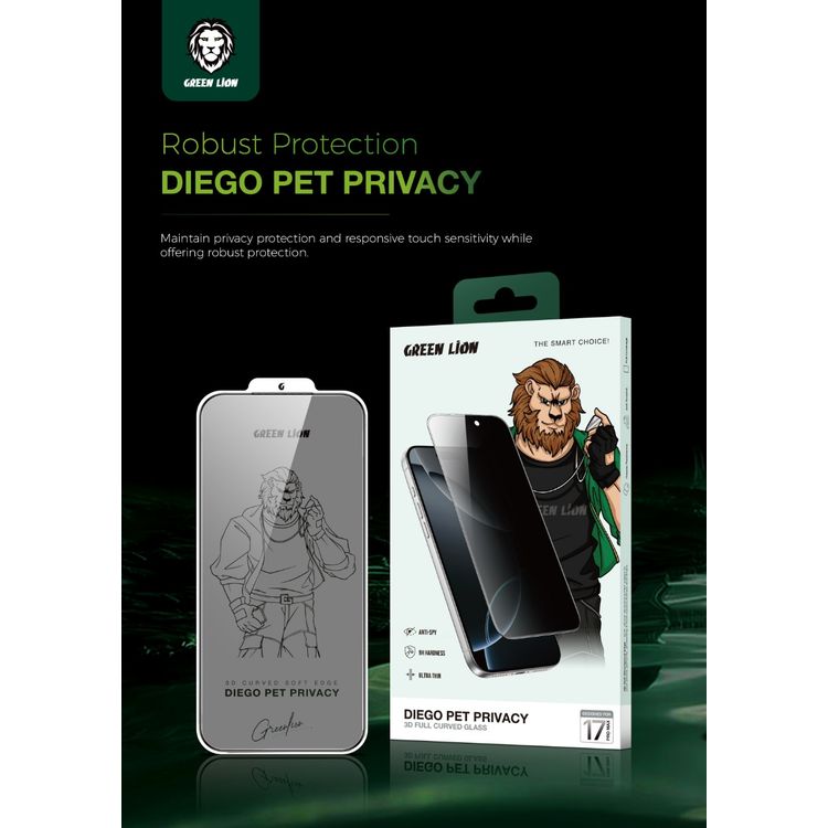 Green Lion Diego Pet Privacy 3D Full Curved Glass for iPhone 17 Pro Max, Anti-Broken Soft Edge, 9H Item Hardness, Crystal Clear, Privacy Protection, Anti-Fingerprint, Anti-Scratch, Oleophobic Coating, Air Bubble Prevention, Ultra-Thin - Black