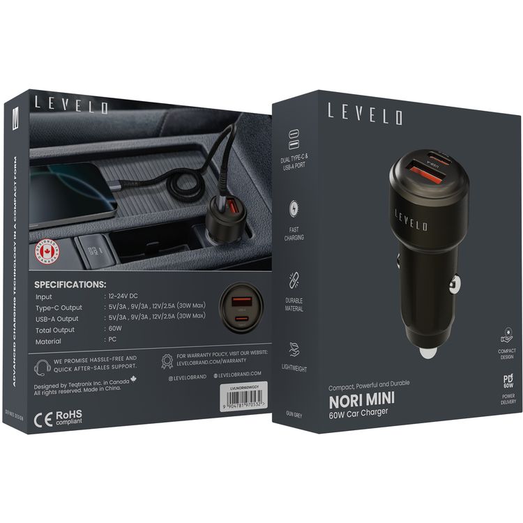 Levelo Nori Mini 60W Car Charger with USB-C & USB-A Ports, Fast Charging, 60W Power Delivery, 12-24V Input Power, Durable Material - Gun Gray