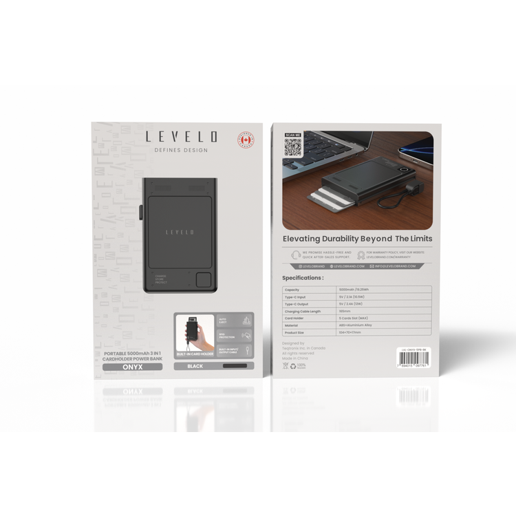 Levelo Onyx Portable 3-in-1 Cardholder Power Bank, 5000mAh Capacity, 12W Fast Charging, 5 Cardholder Slots - Black