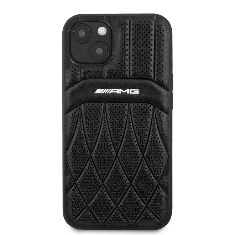 CG MOBILE AMG Genuine Leather Case With Perforated Black Leather Curved Lines Hot Stamped With Logo Compatible for iPhone 13 (6.1") Easy Access to All Ports