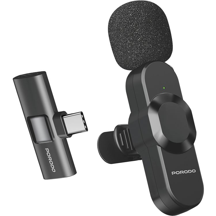 Porodo Audix Lavalier Microphone with Type-C & Lightning Connectoer, Up to 3 Hours Working Time, 1 Hour Charging Time, 40mAh Battery Capacity, Instant Wireless Setup, Auto Pairing Technology, Precise Reverb - Black