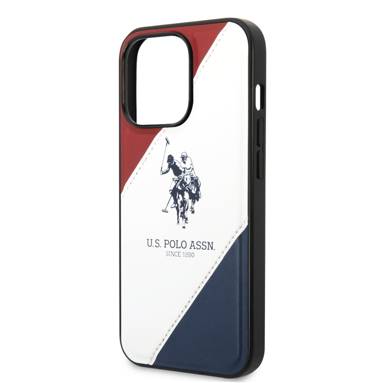 USPA PU Leather Case with Embossed Double Line & Horse Logo iPhone 14 Pro Max Compatibility - Red/White/Navy