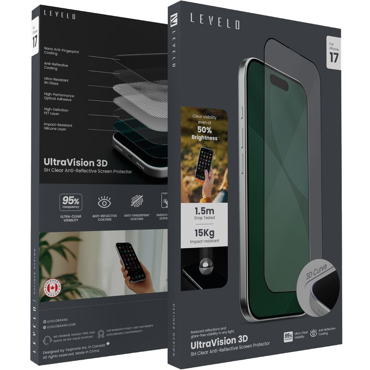 Levelo Ultra Vision 3D Clear Screen Protector for iPhone 17, 9H Hardness, Oleophobic Coating, Anti-Glare, Anti-Fingerprint, Anti-Reflective Coating, High-Definition PET Layer, Impact-Resistant Silicone Layer - Clear