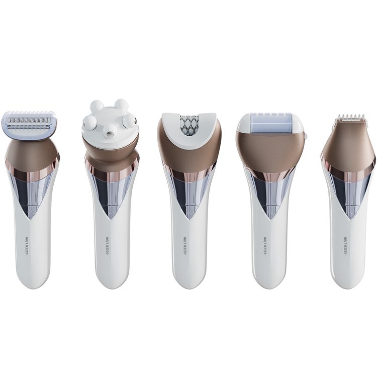 Green Lion 5-in-1 Cordless Epilator Kit with Ergonomic Design, Type-C Charging, #280 DC Brushed Motor, 6300RPM Motor, Stainless Steel Blade, 1400mAh Battery Capacity, Digital Display - White