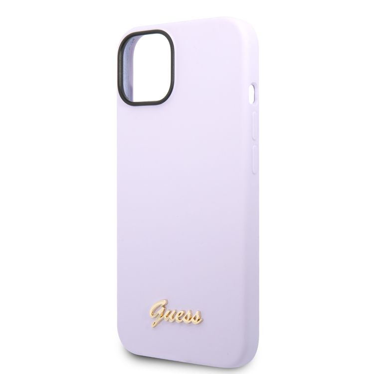 Guess Liquid Silicone Case With PC Camera Outline & Script Metal Logo - iPhone 14 Plus - Purple