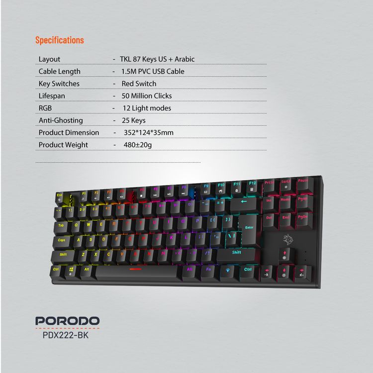 Porodo Gaming TKL Mechanical Keyboard with 12 RGB Light Modes, 25 Anti-Ghosting Keys, 50 Million Clicks Lifespan, 1.5m PVC Cable, Plug & Play, English & Arabic Keys - Black