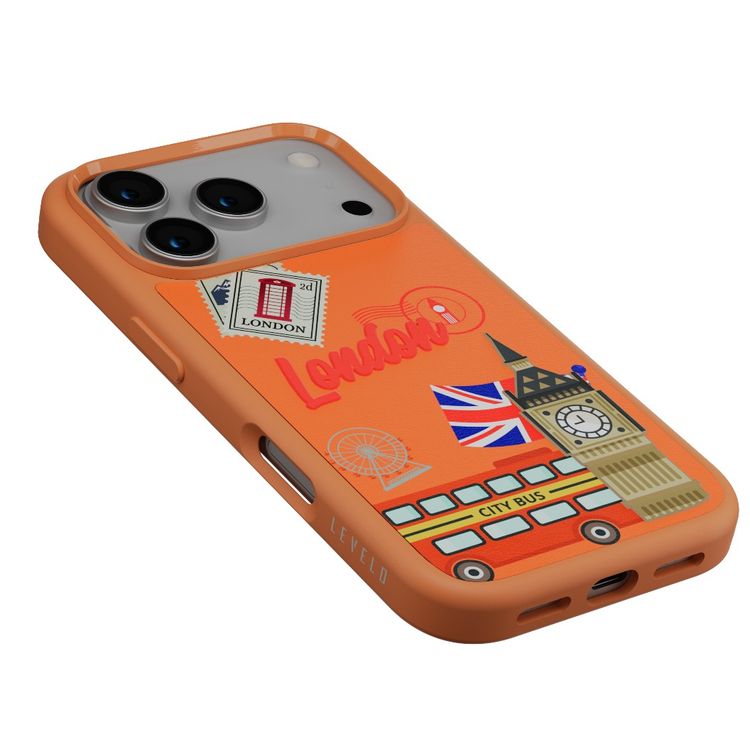 Levelo Vallo PU Leather Case for iPhone 17 Pro Max with Embroidery London Finish, Comfortable Hold, Durable PU Leather, Raised Bezels for Camera and Screen, True Microfiber Interior Lining, Scratch & Wear Resistant, Shock-Resistant Bumper - Sunrise Orange
