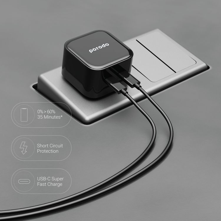Porodo Super-Fast Dual USB-C Wall Charger With 1.2m Type-C To Lightning Cable - Black