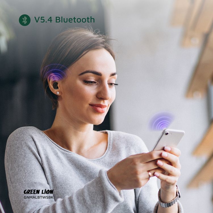 سماعات الأذن اللاسلكية الحقيقية جرين ليون مالبون مع ENC، ميكروفونات مزدوجة، منفذ شحن Type-C، إصدار بلوتوث 5.4. مدى بلوتوث 10 متر، بطارية حقيبة بسعة 300 مللي أمبير، وقت شحن ساعتين، وقت استعداد 21 ساعة، عرض حالة البطارية - باللون الأسود.