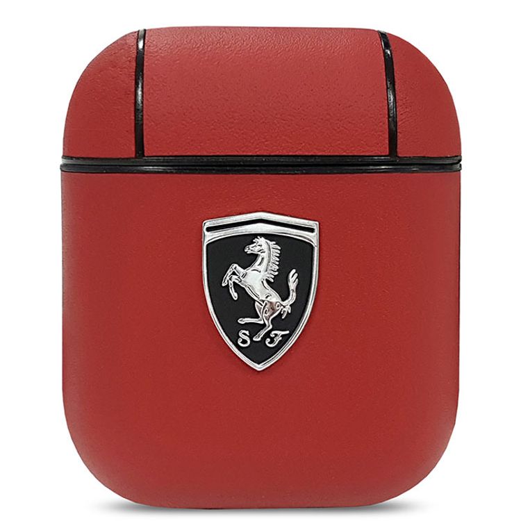 CG Mobile Ferrari PC Leather Black Shield Metal Logo متوافق مع AirPods 1/2 - أحمر