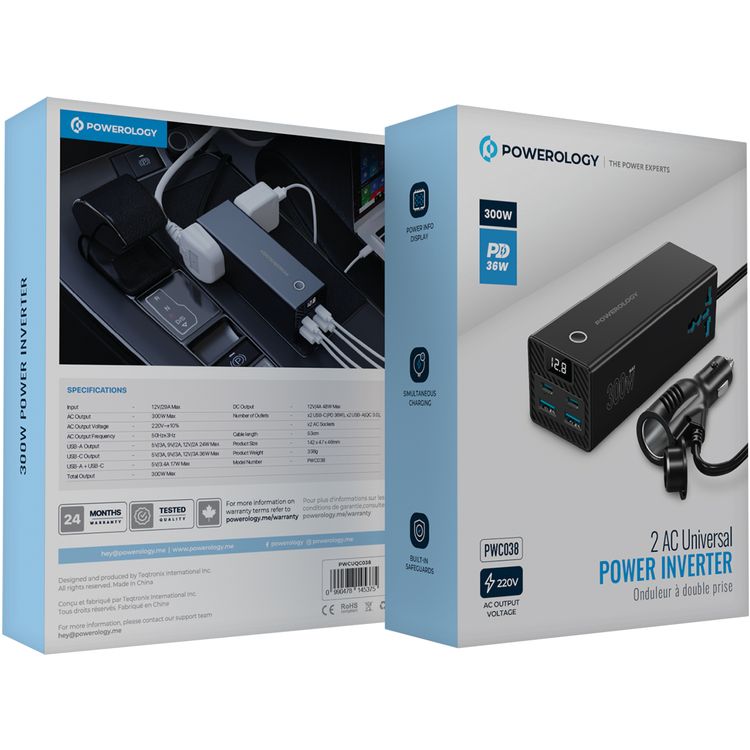 Powerology 2 AC Universal Car Power Inverter with 300W AC Output, Simultaneous Charging, Power Info Display, 36W Power Delivery, Built-in Safeguards - Black