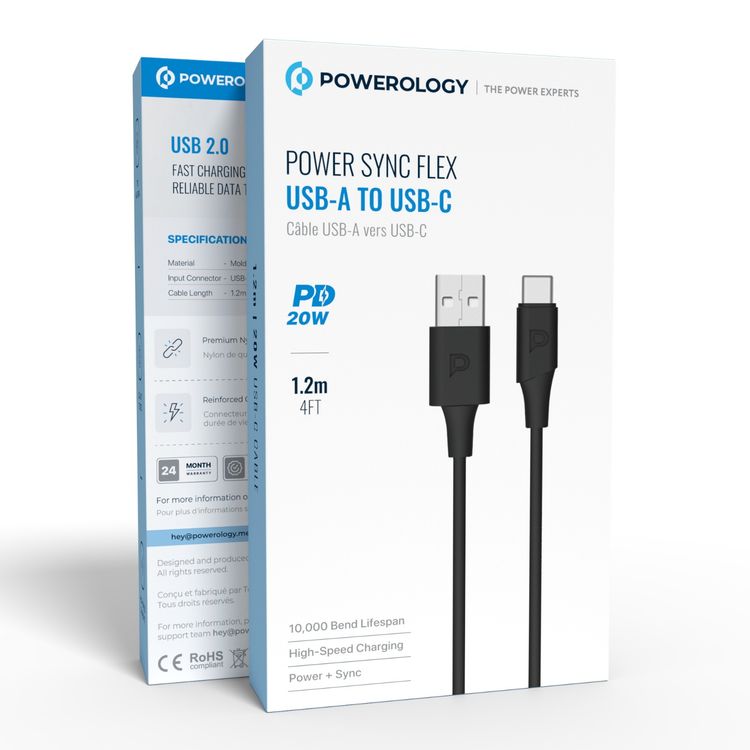Powerology Power Sync Flex USB-A to USB-C Cable with 1.2m Length, 10000 Bends Lifespan, Fast Charge & Data Transfer, Molded TPE Material, 480Mbps Data Transfer Speed, 20W Power Delivery - Black