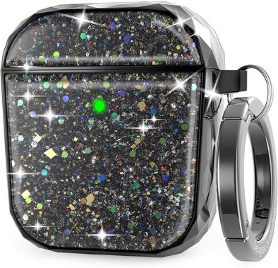 AhaStyle Luxury Glittery Glossy Case with Anti-Lost Carabiner Compatible for AirPods 1/2, Hard Plastic Twinkle Glitter Case, Protective Cover Suitable for Girls Women Lady
