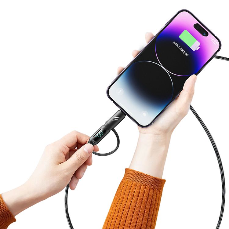 Porodo 2-IN-1 Charging Cable with Digital Display, Fast Charging C to C and Lightning - Black - 1.2M