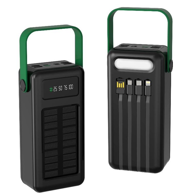 Green Lion Solar Max 50000mAh Powerbank with Digital Display, Solar Charging Panel, Type-C/Micro/Lightening/USB-A Output, lightweight & Portable, 4 Integrated Cables - Black