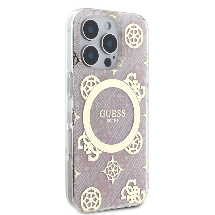 كفر حماية Magsafe IML 4G صلب بتصميم Guess مع زهرة الفاوانيا لهاتف iPhone 16 Pro Max، مصنوع من مادة عالية الجودة، خفيف الوزن، مريح وآمن - وردي