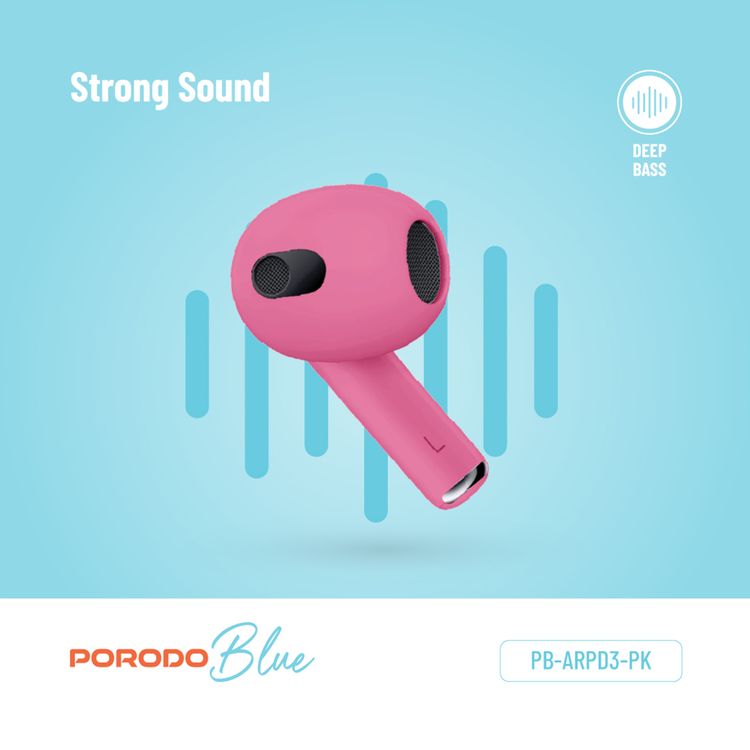 Porodo Blue Deep Bass Wireless Earbuds 3, 20 Hours Working Time, Type-C Charging Port, Environmental Noise Cancellation, Independent Earbuds, Touch Control - Pink