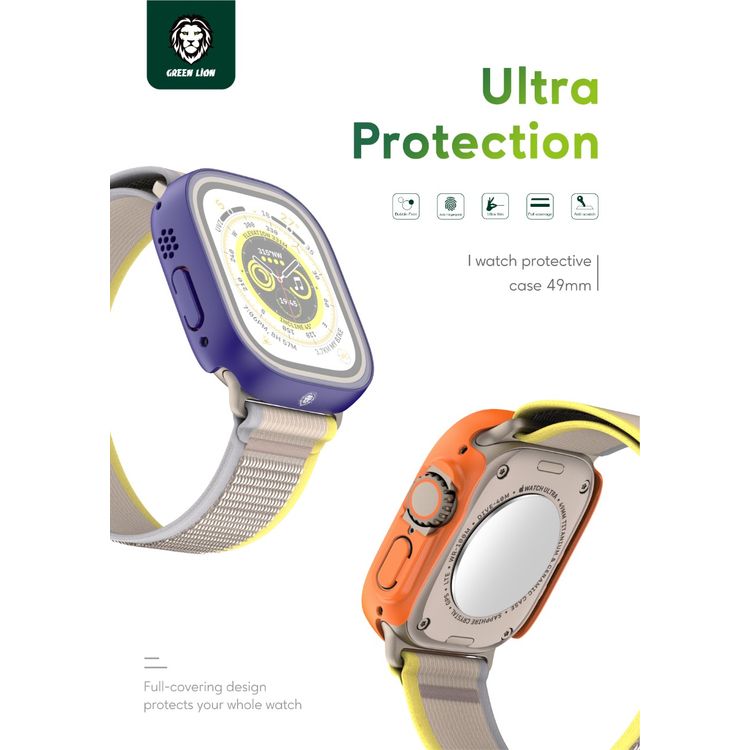 Green Lion Protective Case for Apple Watch Ultra with Smooth Touch, Super Anti-scratch, Full Protection, High Transparency, Full Glass Screen - Purple