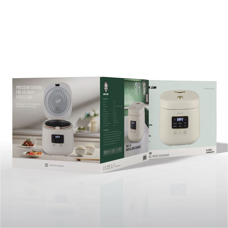 Green Lion GRC-10 Digital Rice Cooker, Easy to Clean, Touch Control, Keep Warm Mode, Exhaust Vent, 2L Capacity, 6 Cooking Modes - White 