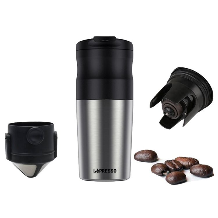 LePresso Portable Mug Burr Grinder Coffee Maker - Silver