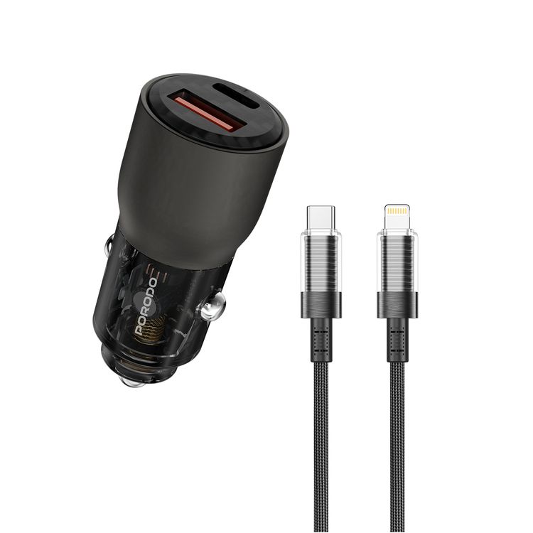 Porodo 95W Car Charger Transparent  with 90cm Lightning Cable, Simultaneous Fast Charging, Universal Compatibility - Gray