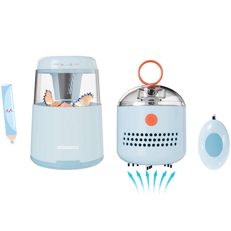 Porodo Kids Electric Sharpener & Vacuum Stationary Set with Child-Friendly Design, Type-C Charging Port, Child-Friendly Design, Desktop Vacuum Cleaner,  Electric Eraser, Stapler & more - Blue
