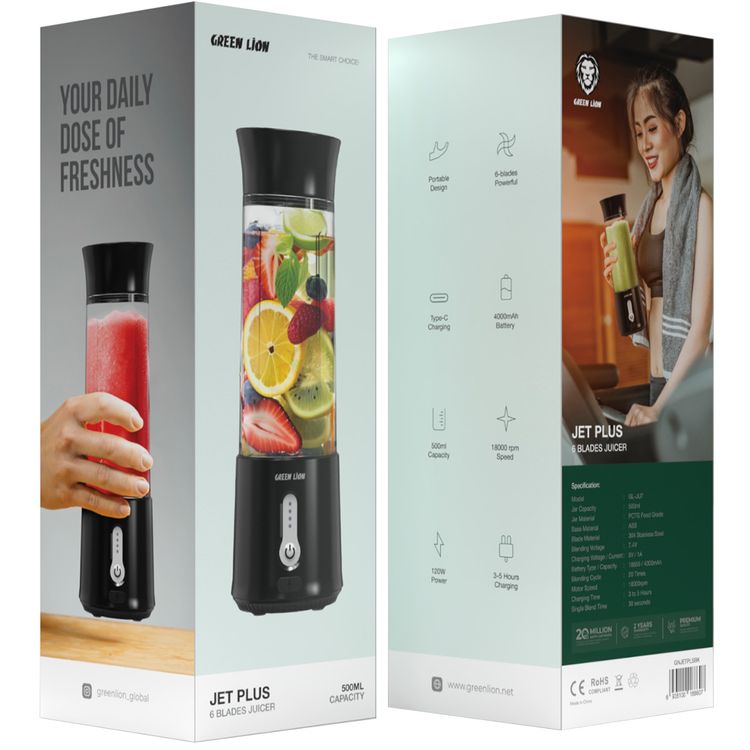 Green Lion Jet Plus 6-Bladed Juicer with 18000rpm Motor Speed, 500mL Jar Capacity, 4000mAh Battery Capacity, 20 Blending Cycles per Charge - Black